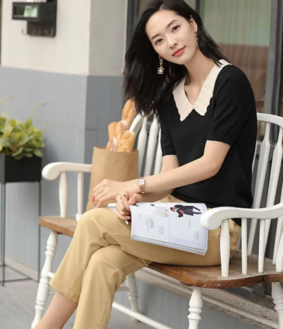 【0681】娃娃领针织短袖上衣显瘦大码小众设计感针织衫半袖女打底衫