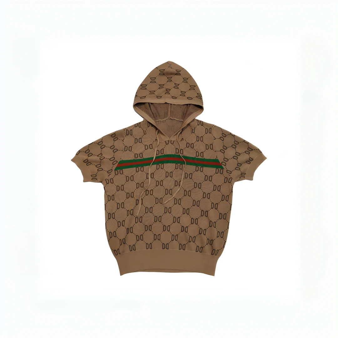 轻奢老花连帽短袖女气质百搭减龄针织衫上衣莱赛尔薄款夏季老钱风