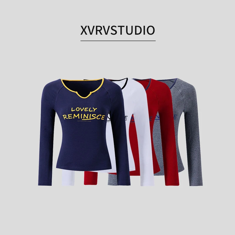 XVRV【秋上新】2025新款运动T恤撞色小V领字母印花长袖健身百搭上衣