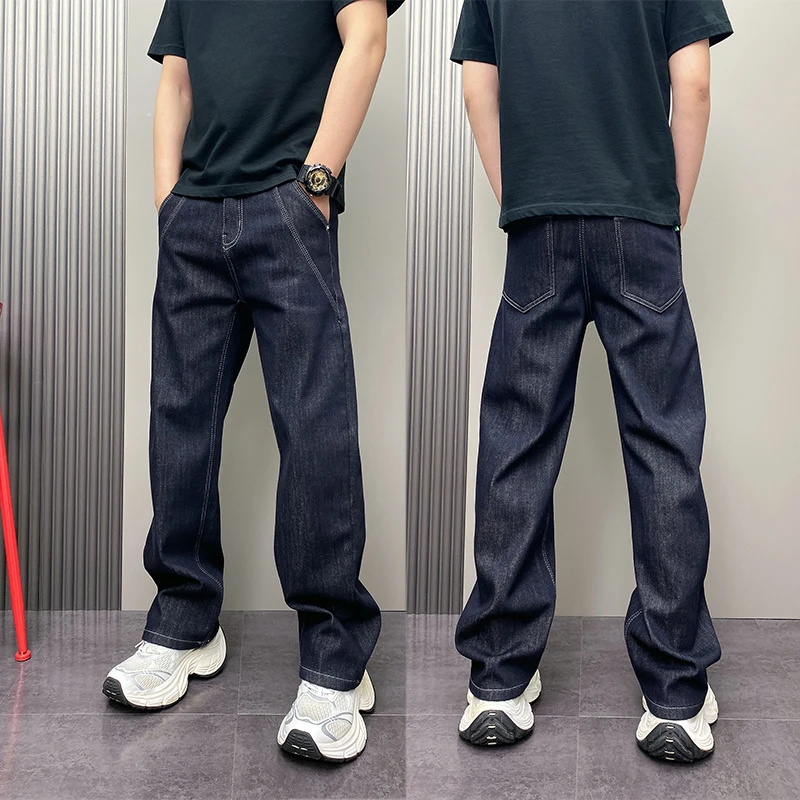 2025冬季明线蓝色加绒牛仔裤男美式复古休闲长裤痞帅百搭直筒裤潮