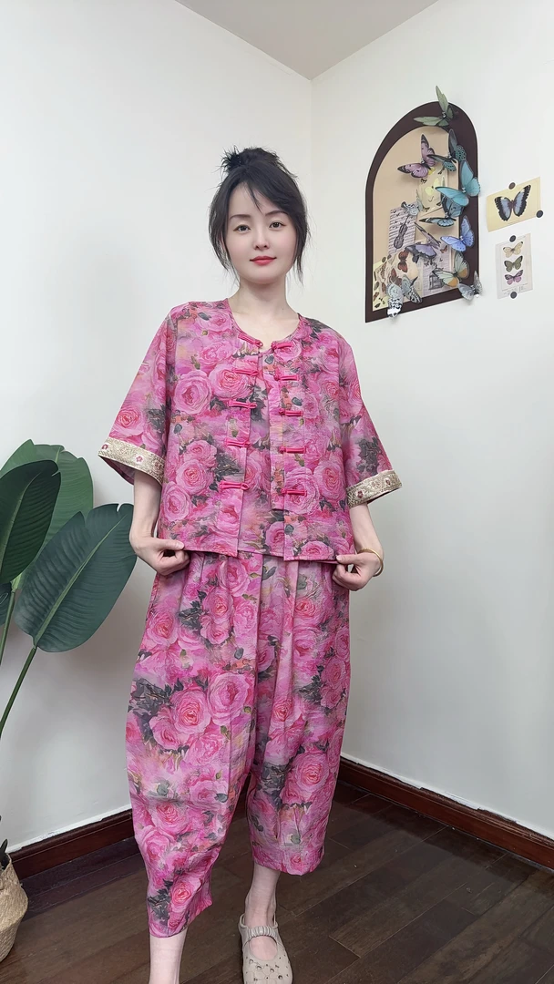 复古盘扣新中式衬衫套装女夏季旅游时尚洋气休闲宽松阔腿裤两件套