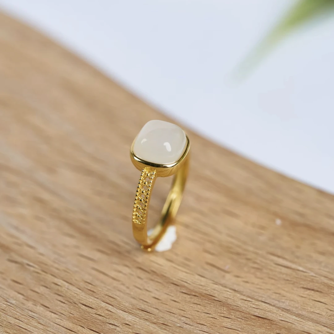 和田玉方糖戒指s925银镶嵌开口戒可调节