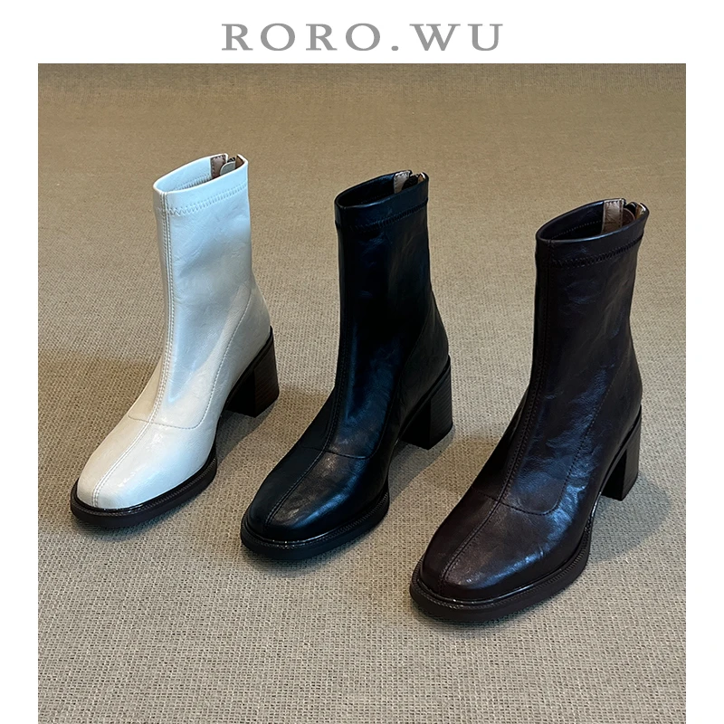 娆娆吴·简约日常百搭弹力瘦瘦靴短筒粗跟秋冬切尔西秋冬女靴X391