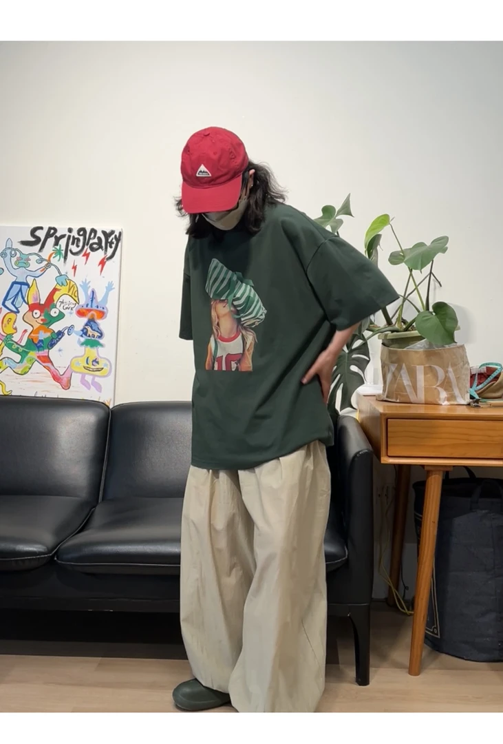 复古精梳棉宽松品质宽松大版短袖休闲T恤