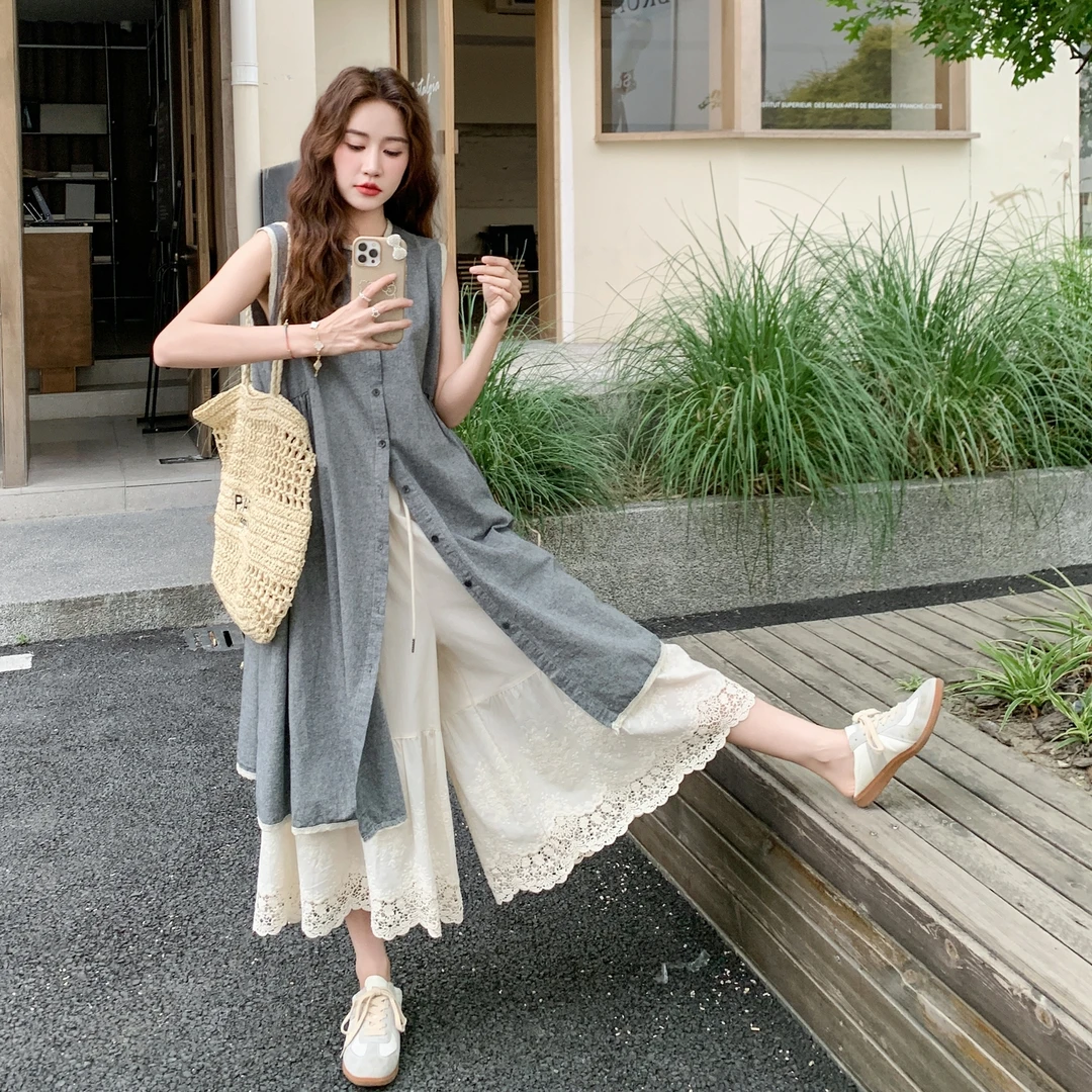 盐甜系穿搭背心连衣裙套装女夏季新款小个子蕾丝花边阔腿裤两件套