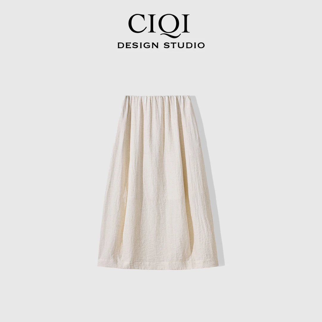 CIQI STUDIO【华丽时光】老钱风亚麻松紧腰宽松休闲百搭半身裙H8827