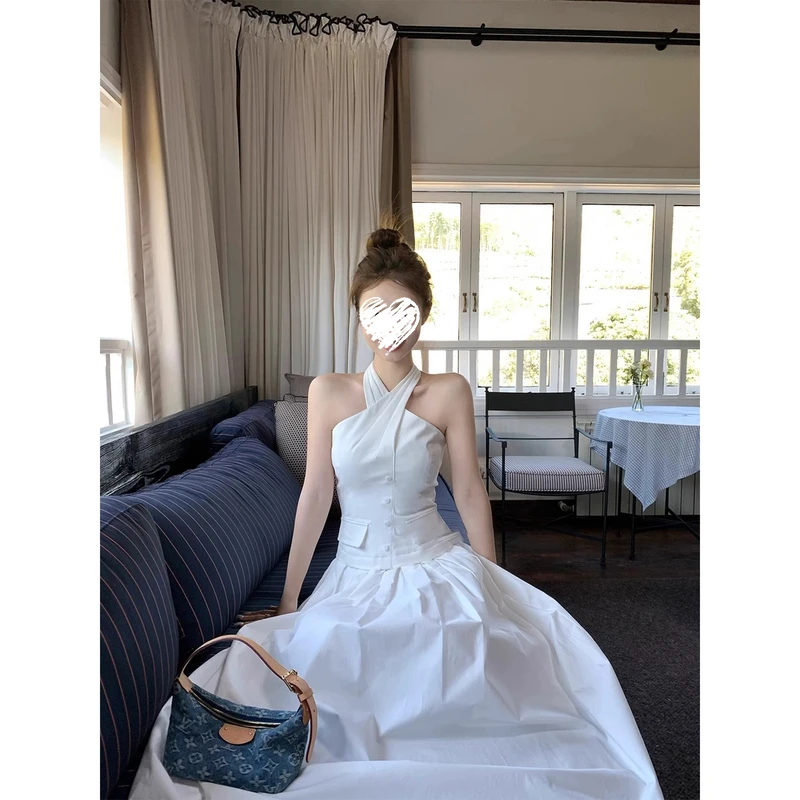 纯欲辣妹交叉收腰挂脖绑带连衣裙女收腰显瘦气质名媛长裙 80503