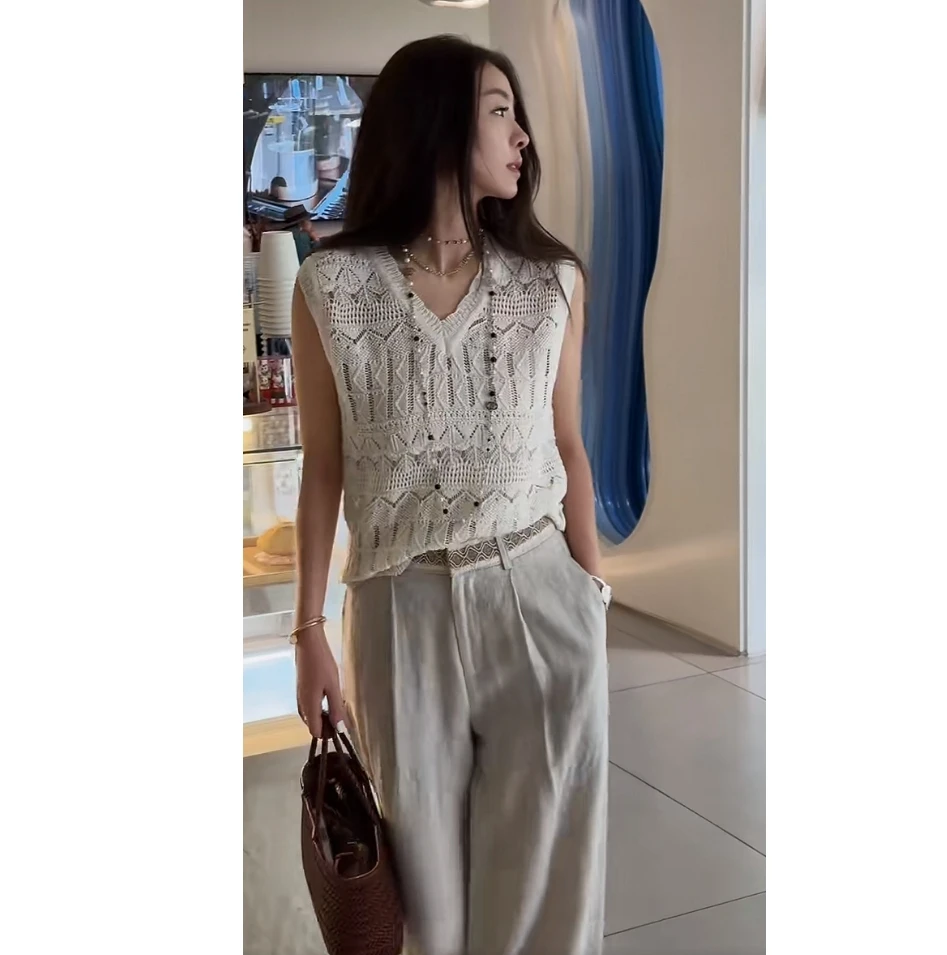 【容雨RYHOME】和纸砂＋法式镂空钩花短袖针织衫252M2910