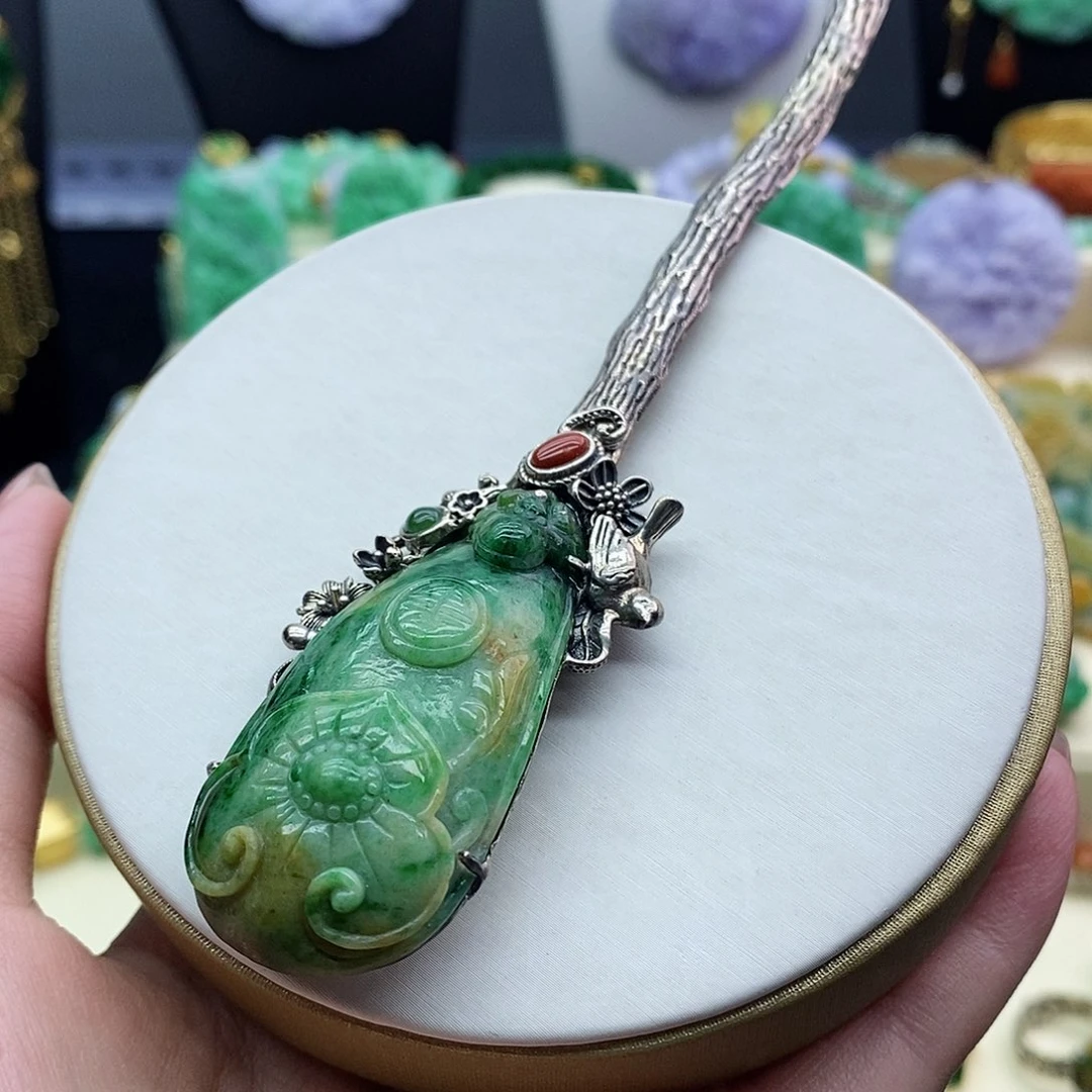 翡翠银S925镶嵌发饰发簪