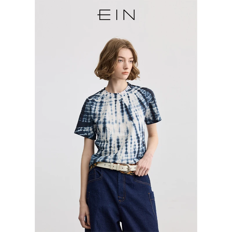 EIN/言【商场同款款】时髦余晖波光扎染圆领短袖纯棉T恤25秋夏款女
