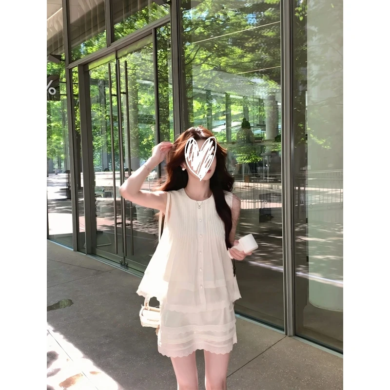 【白野清桃】2025夏季新款时尚气质韩系白色无袖上衣白色半身裙套装