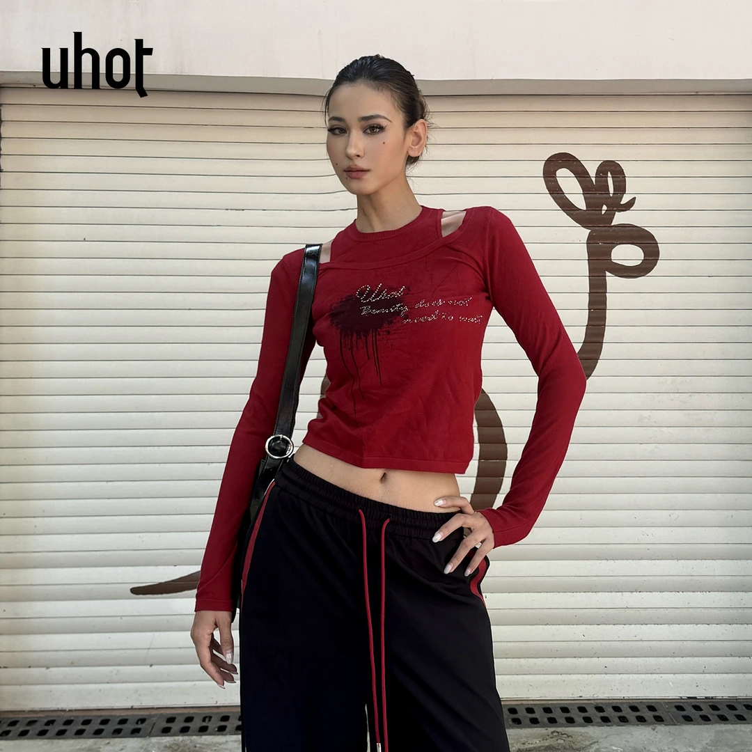 UHOT/诱货红色假两件长袖上衣泼墨印花针织衫保暖百搭 UWWA3Z657M