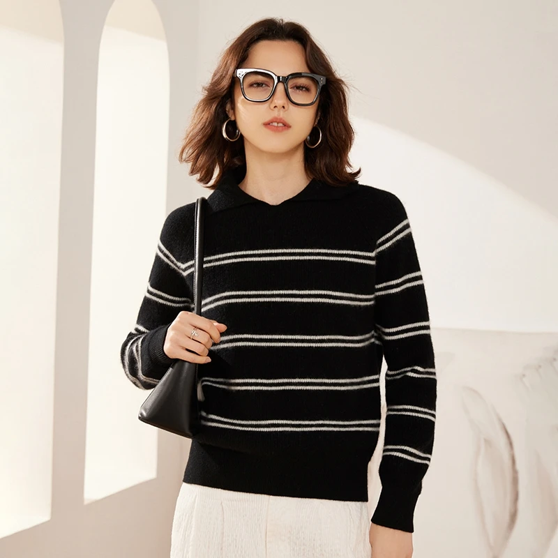 秋冬新款POLO翻领条纹纯山羊绒女baby羊绒时尚百搭条纹针织羊绒衫