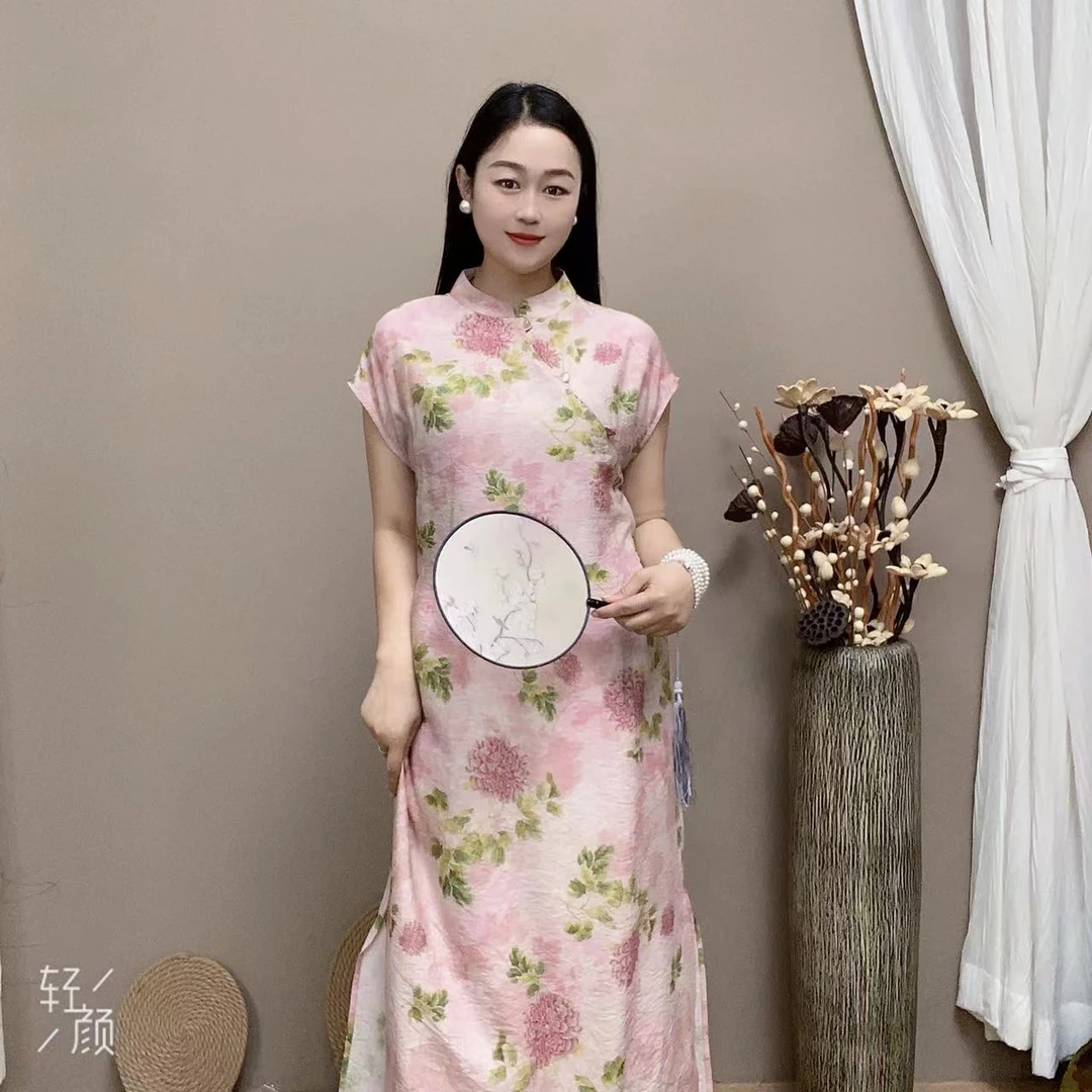 与喆原创【粉黛嫣红】月亮袖593款国风连衣裙新中式百搭气质显瘦