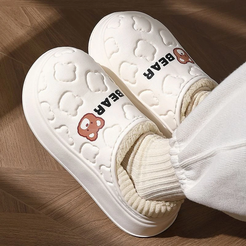 可爱小熊棉拖鞋女士冬季外穿室内家居保暖防滑厚底包跟情侣棉鞋男