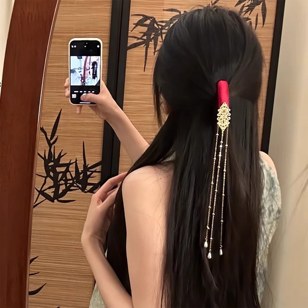 山沐手作「红鸾天禧」新中式红色流苏发夹女国风新娘发饰边夹侧边