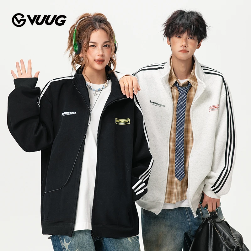 VUUG美式复古开衫卫衣外套男女同款春秋潮流百搭休闲重磅连帽夹克