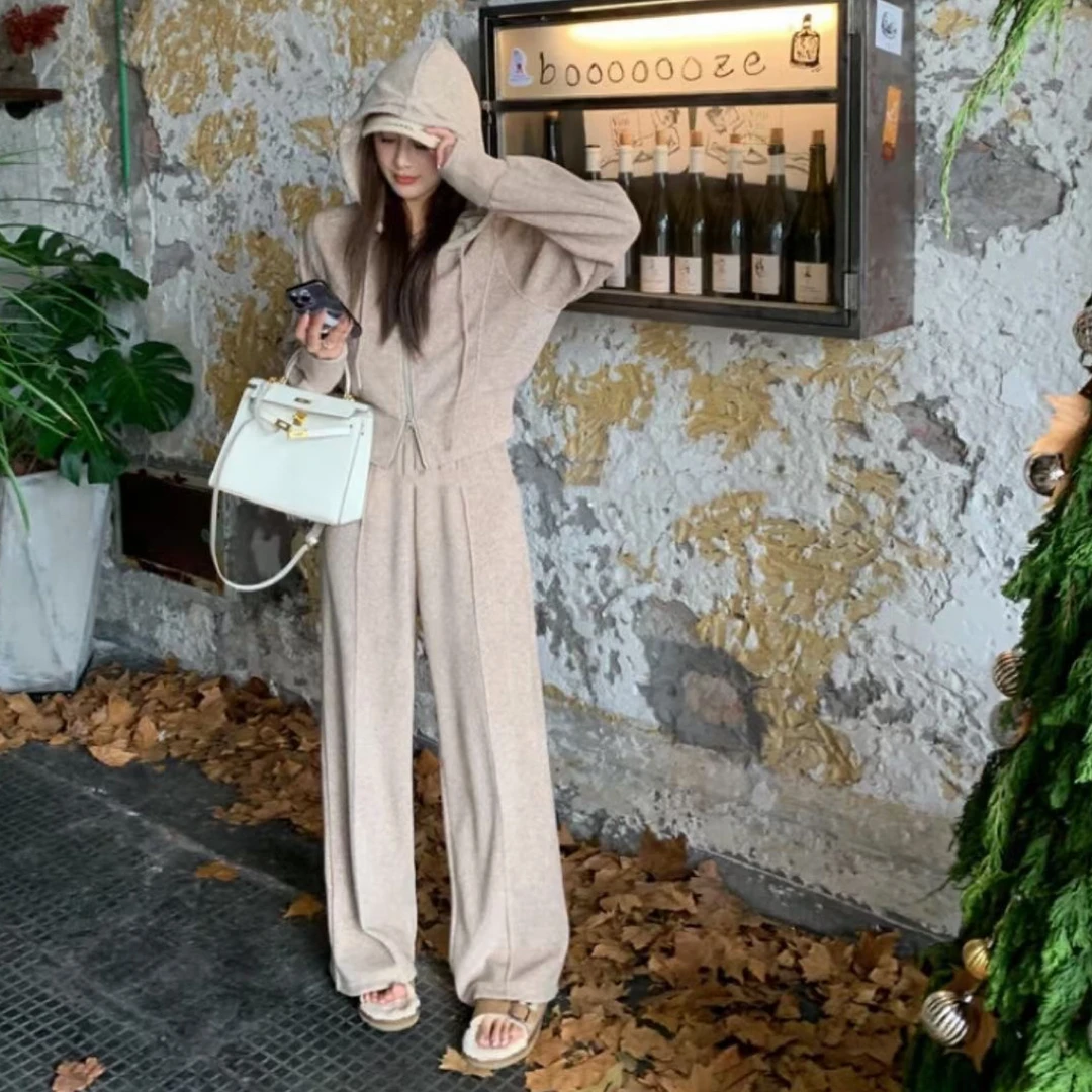 羊绒慕斯加厚套装开衫拉链➕阔腿裤