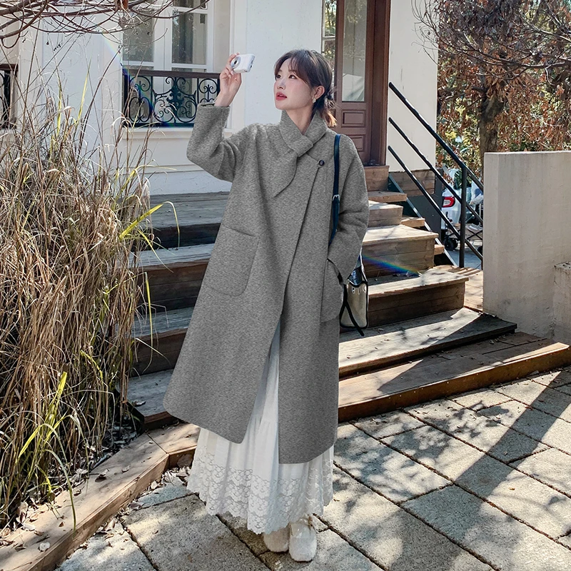 温柔气质风领结领双面呢大衣女2025秋冬大气简约韩剧女主大衣外套