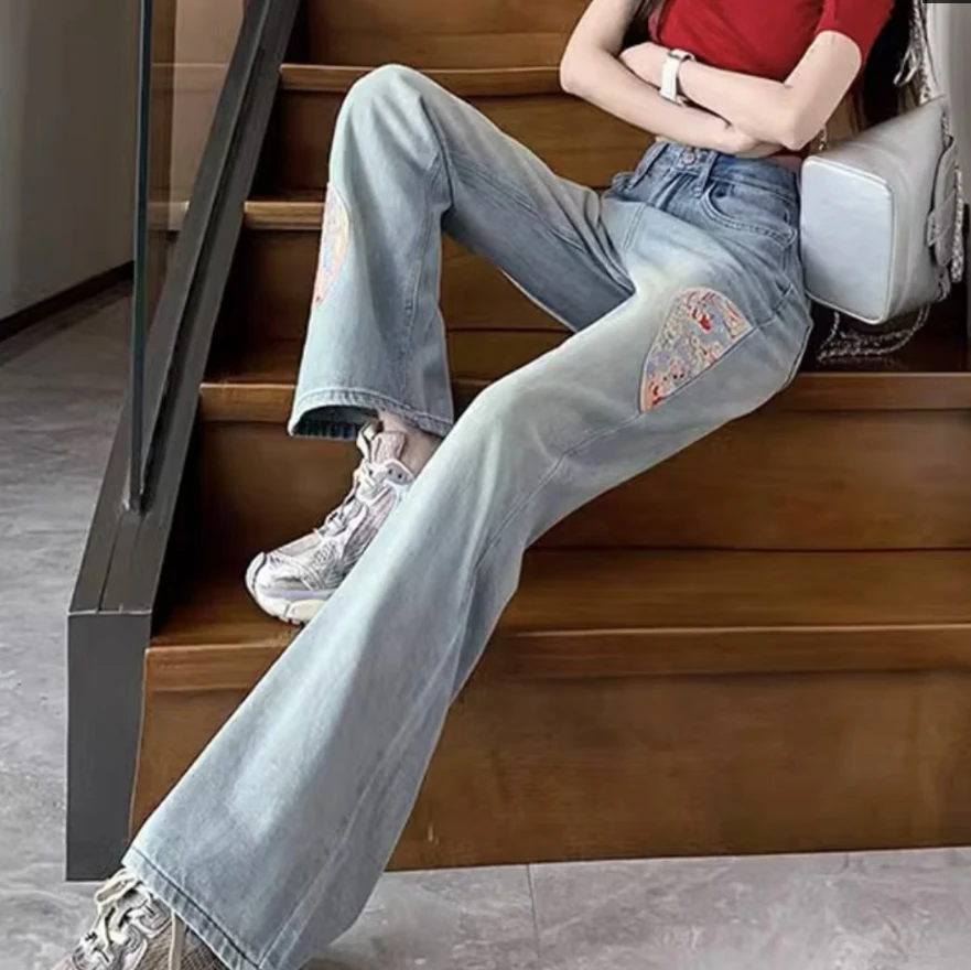弹力直筒牛仔裤女设计感裤子国风刺绣显瘦阔腿裤202453831-美亚