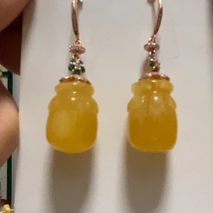 蜜蜡耳饰银S925镶嵌一*糖蜜蜡14