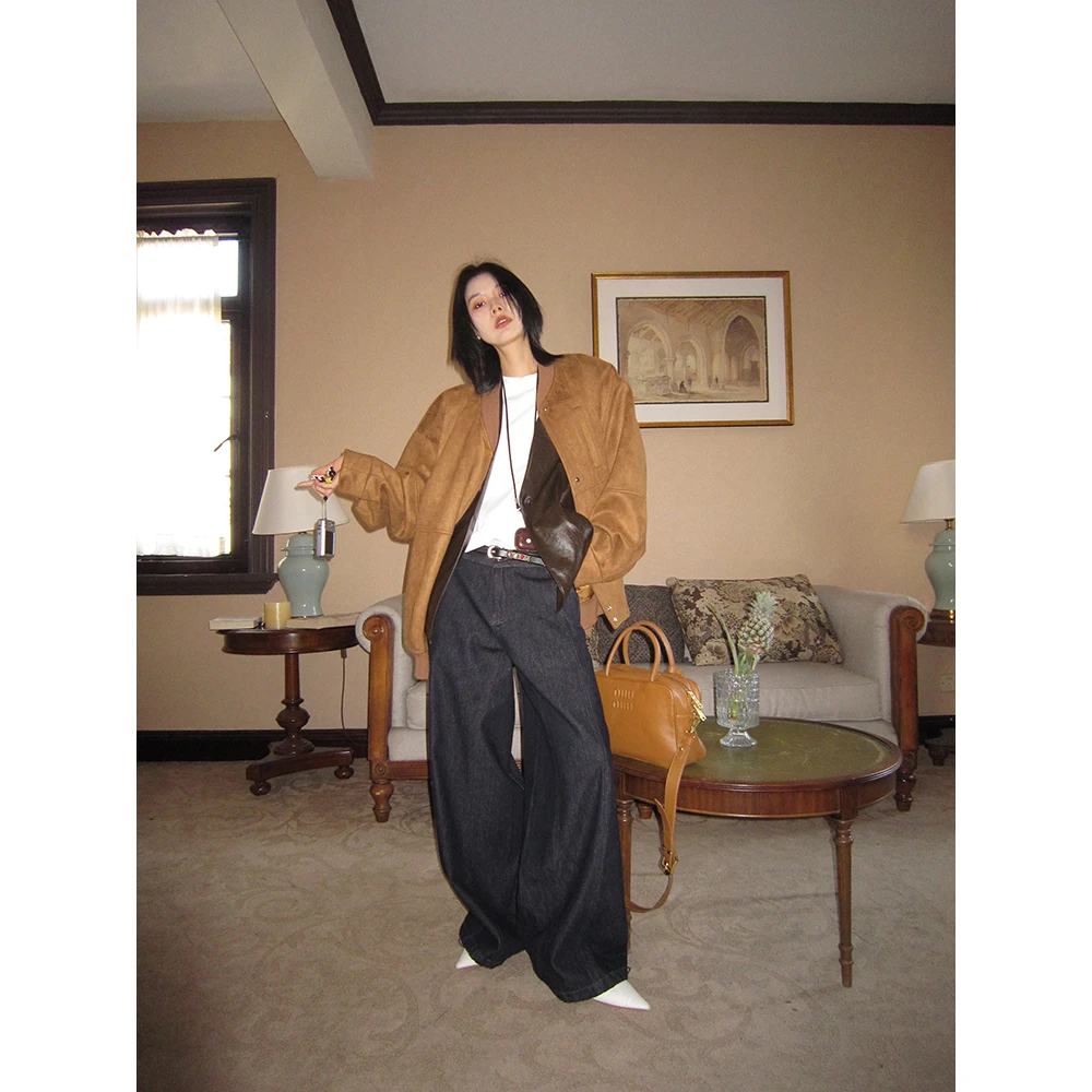 JCCC影子【劳拉密语】棕色复古休闲V领棒球服外套JE5APW10