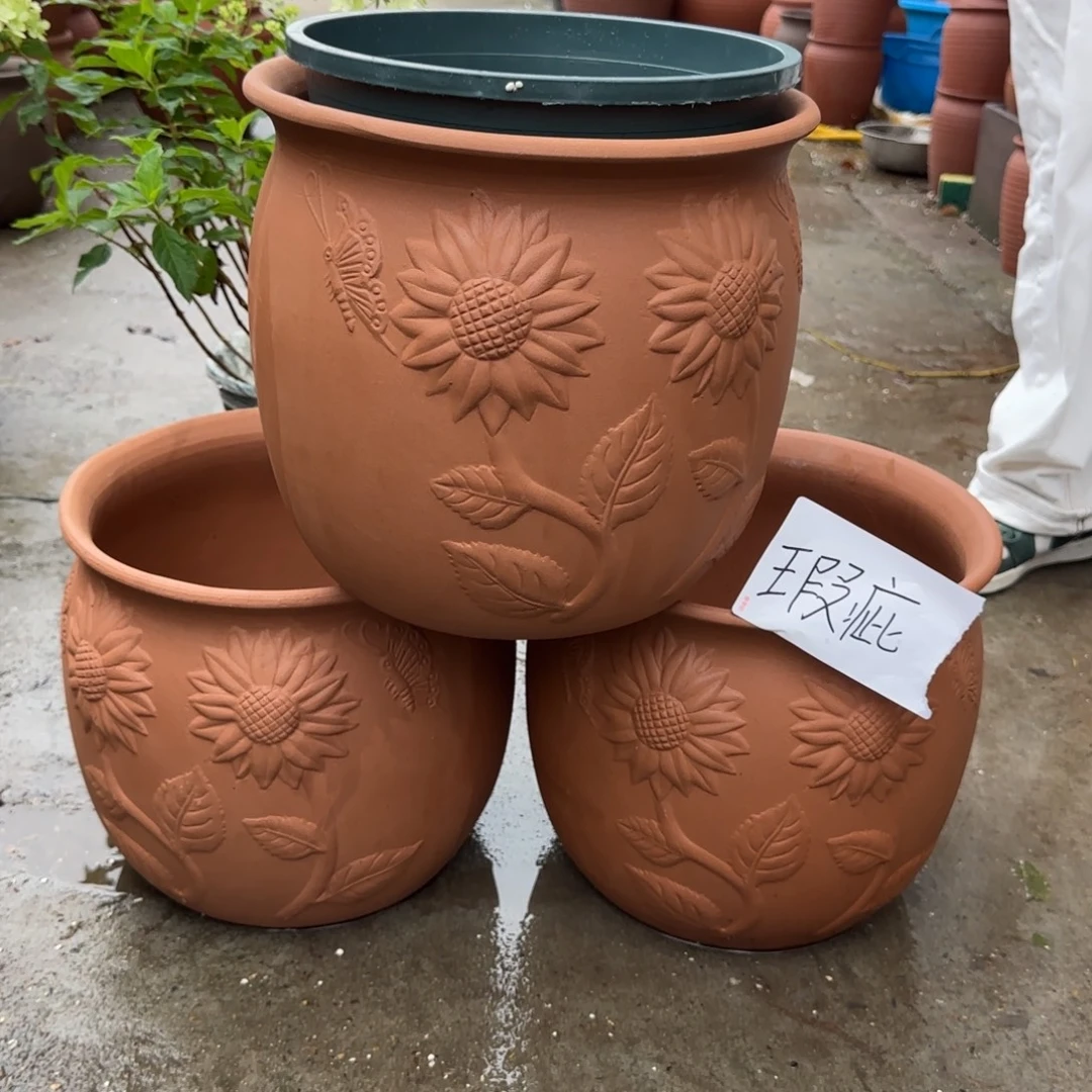 朱泥花盆口30高26宜兴紫砂瑕疵粗糙花泥