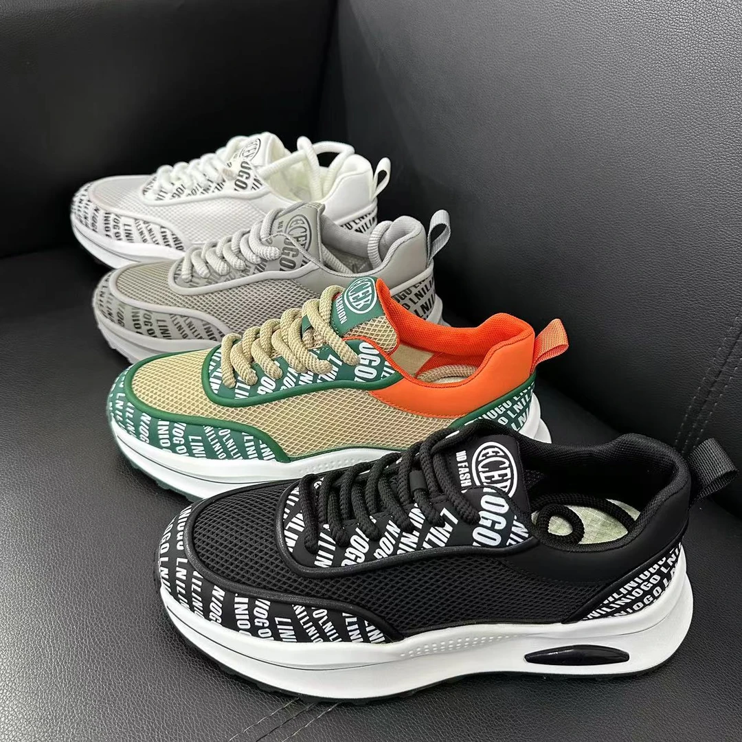 [88-165]  2024时尚百搭夏季透气真皮厚底ins网面韩版男鞋潮鞋