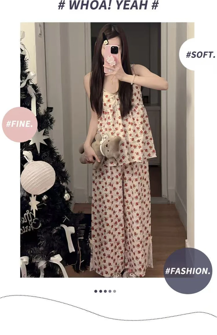 新款夏季甜美碎花背心吊带睡衣女带胸垫薄无袖性感少女家居服套装