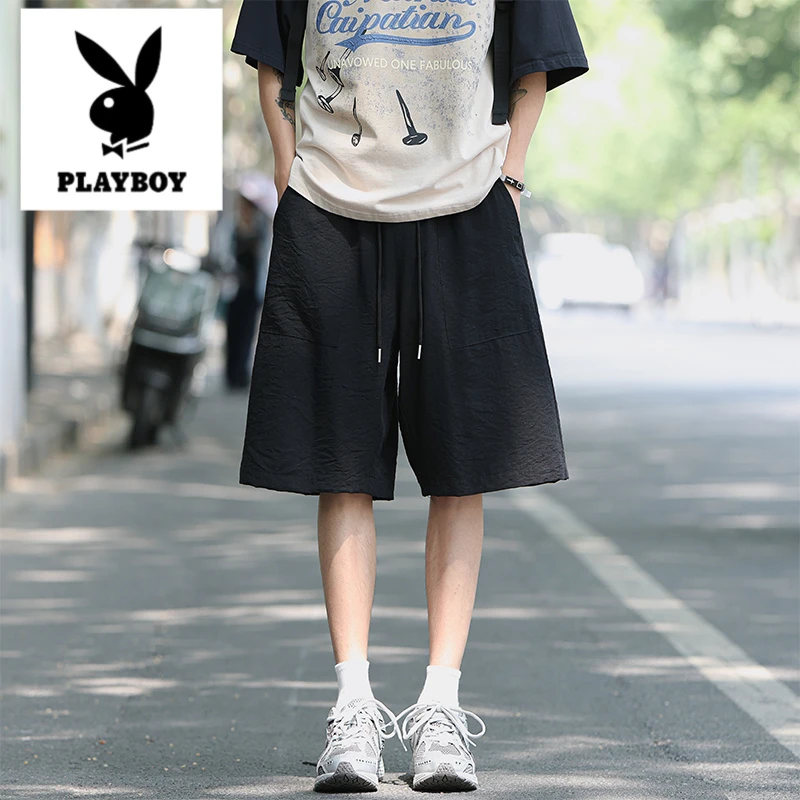 花花公子夏季新款休闲短裤凉感透气冰丝拼接纯色大码五分裤男