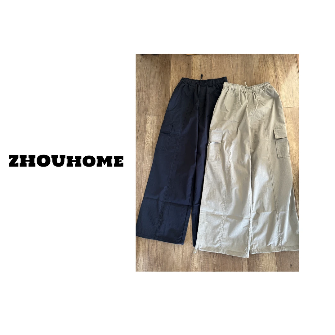 【周周服饰】韩货松紧腰宽松口袋工装阔腿休闲裤女春夏新款