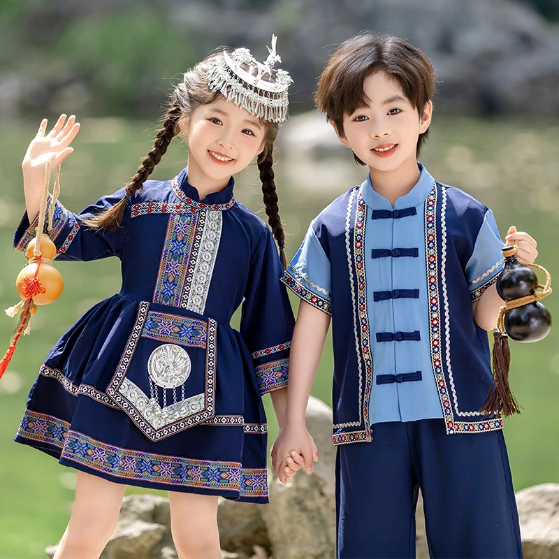 夏季儿童少数民族风演出服三月三苗族壮族服装男女童国风六一童装