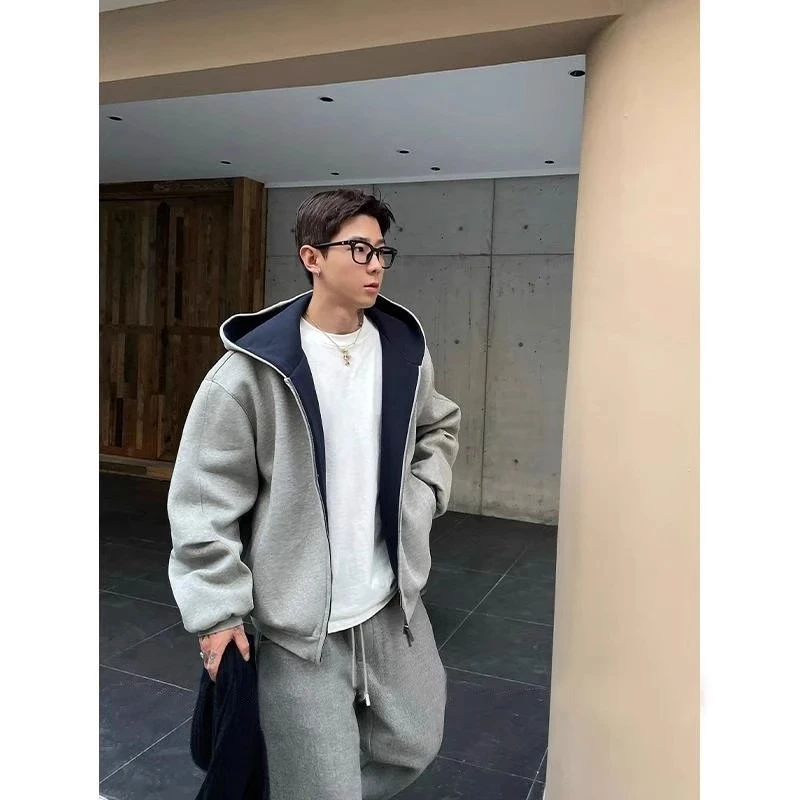 重磅硬挺双拉链连帽开衫卫衣男士高级感男士美式复古连帽卫衣开衫