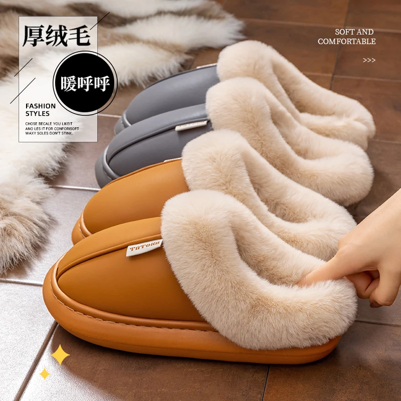 防水棉拖鞋女士2025新款加绒加厚时尚简约外穿防滑厚底情侣拖鞋男