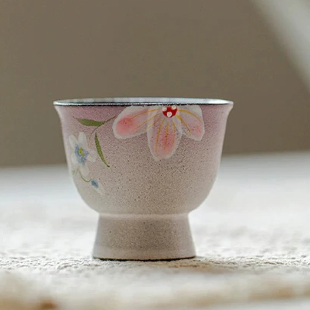 粉引手绘高足茶杯功夫茶具釉上彩品茗杯家用手绘迎春花小杯子