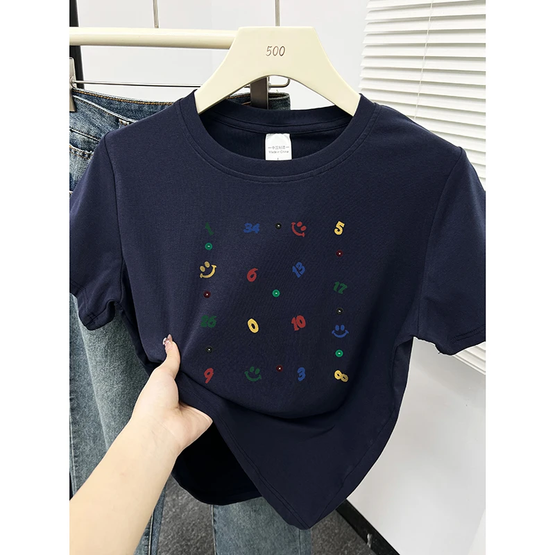 韩版时尚显瘦正肩短袖T恤大码女装夏装新款小众印花圆领半袖上衣