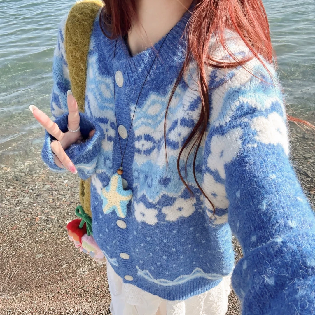 克莱因蓝费尔岛毛衣外套女秋冬法式慵懒风针织开衫外搭别致上衣厚