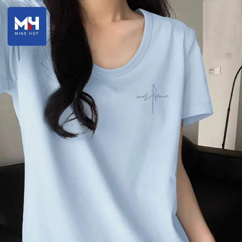 唐狮集团MH蓝色短袖t恤女2025新款大码半袖正肩内搭宽松v领上衣H