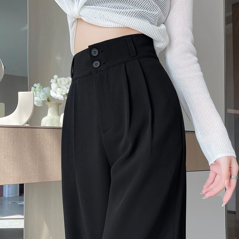 大码直筒阔腿休闲裤女秋款梨形身材高腰设计感宽松显瘦双扣西装裤