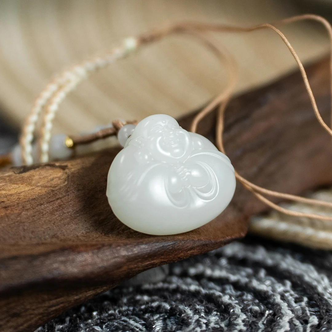 【左氏珠宝】1640 白玉抱抱佛和田玉双面雕刻精雕手工男女款