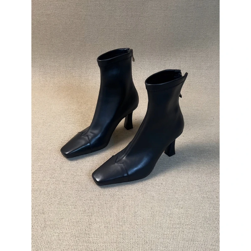 nnmiss·34-42/8cm小个子简约复古风方头后拉链短靴百搭细跟瘦瘦靴