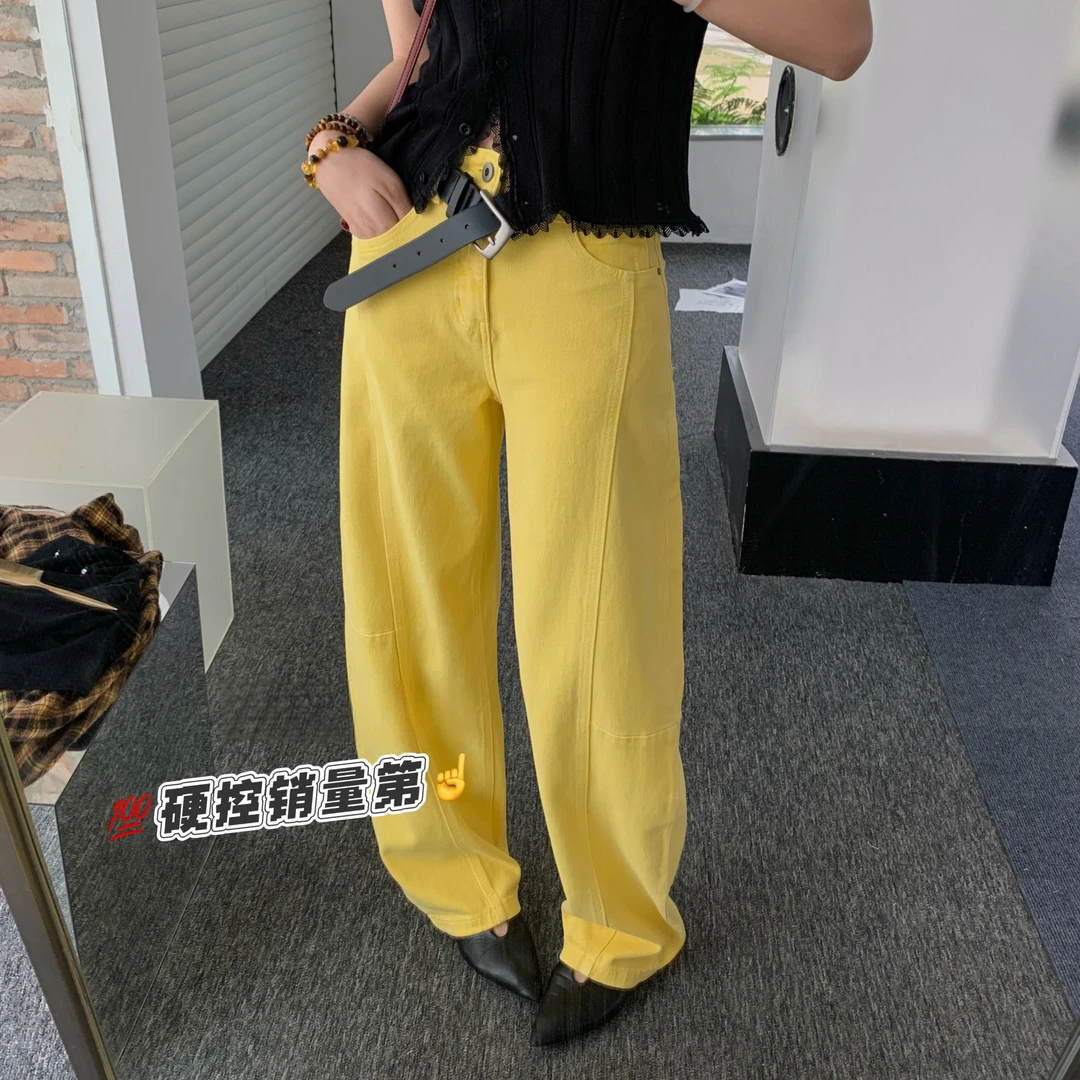 【裤博汇】2025春款洋气柠檬黄多褶位爆款高腰宽松弯刀裤牛仔裤