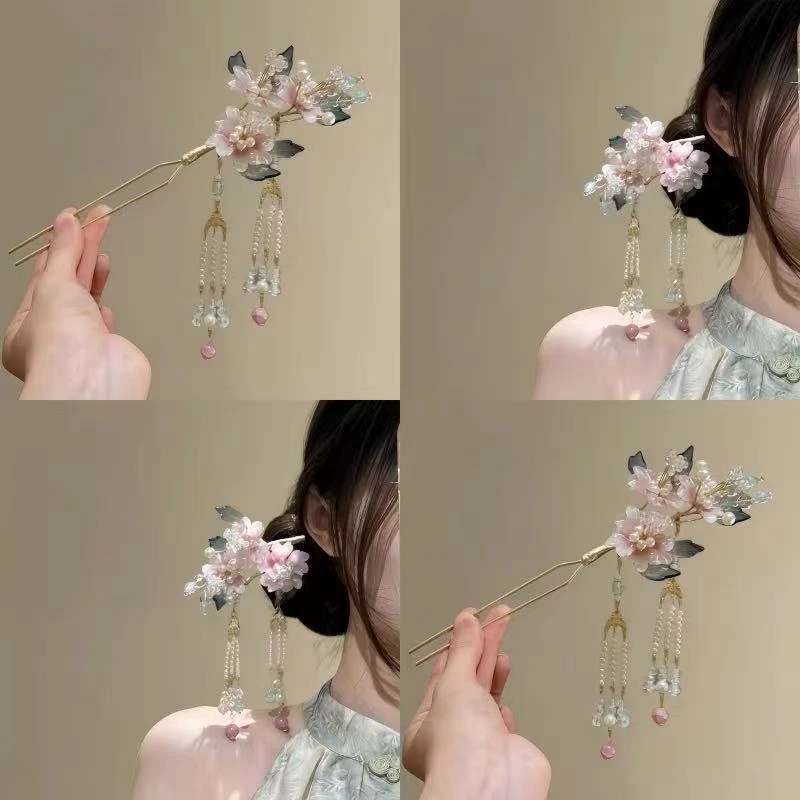繁瑾迷情~新中式簪花绢花花朵发钗流苏发簪子古典头饰汉服头饰品