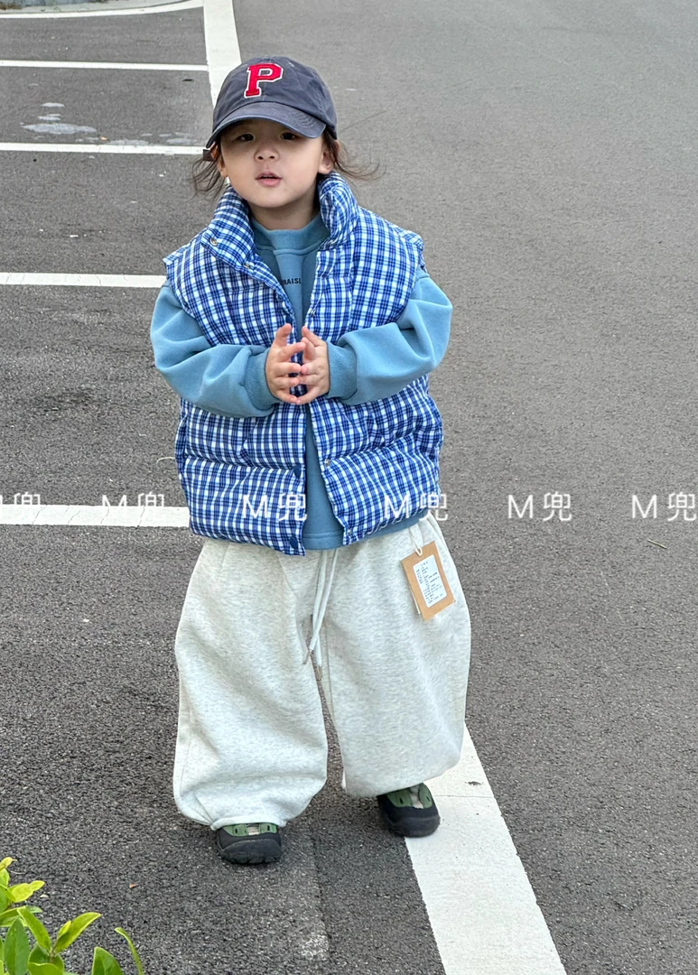 MD25年新款蓝色格子棉马甲男女同款儿童棉马甲上衣儿童