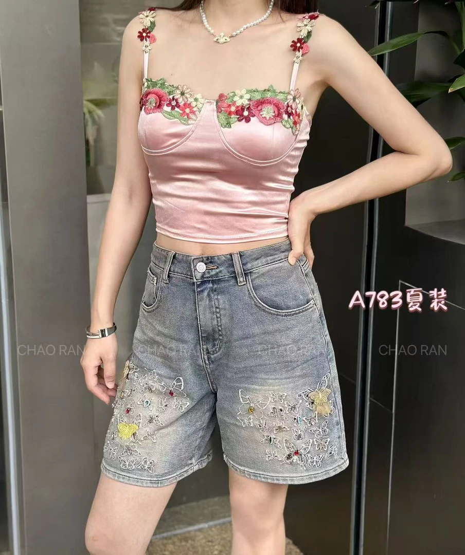783夏季新款蝴蝶刺绣宽松显瘦百搭牛仔