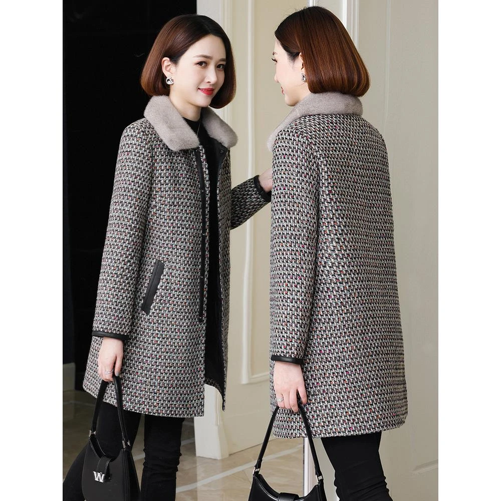 紫雨琪冬季新款皮草毛呢外套女中长款水貂领鹅绒毛呢子大衣