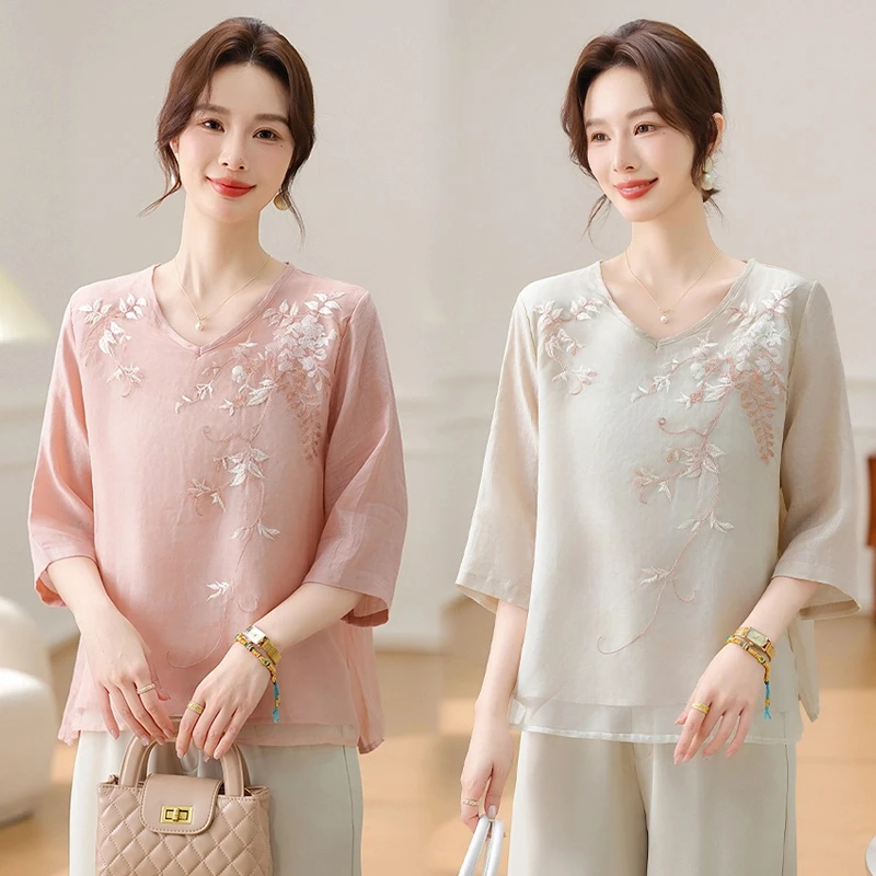 妈妈春夏洋气新中式小衫2025新款中老年女装短袖T恤套装