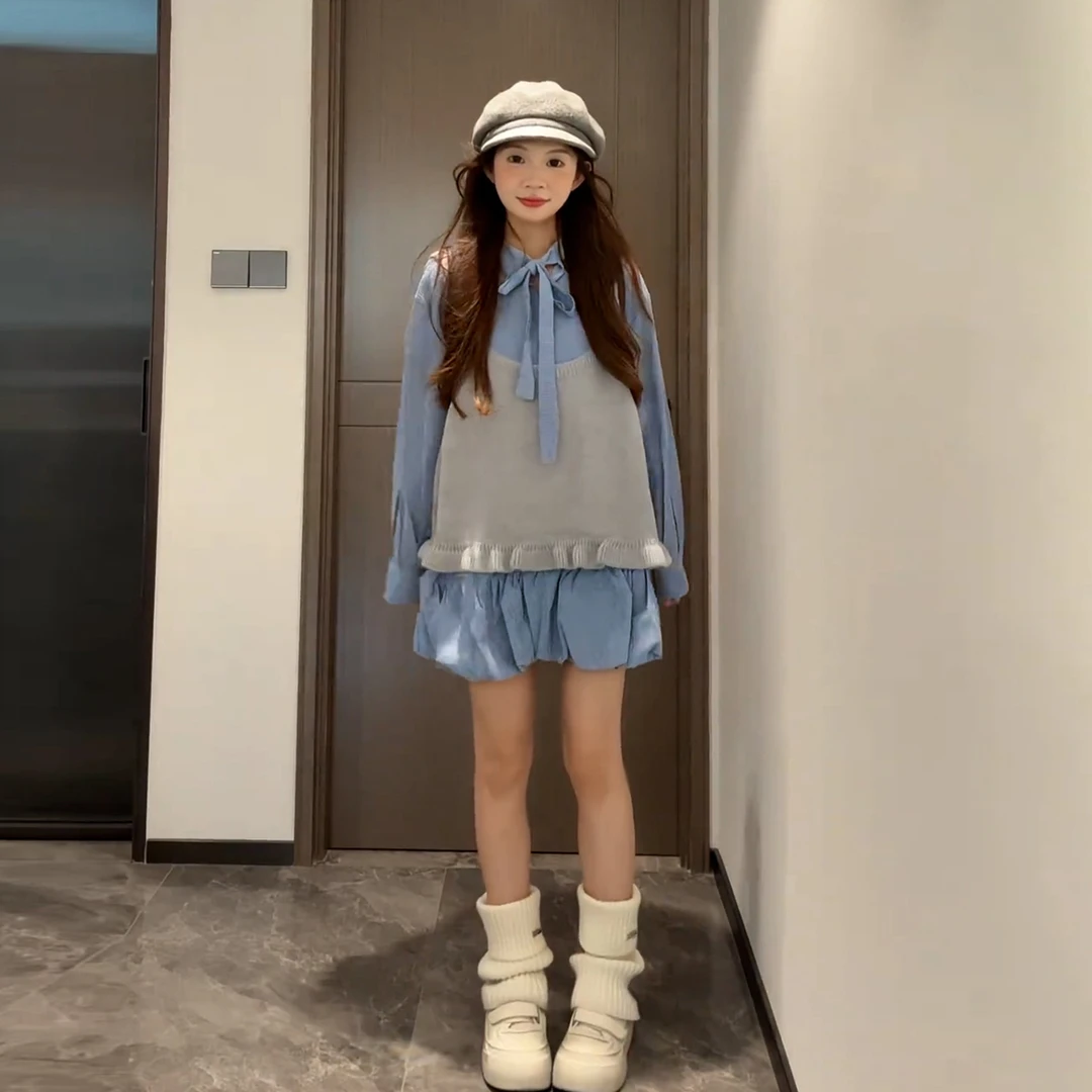 法式小个子蓝色长袖连衣裙子女2025新款早秋韩系穿搭一整套花苞裙