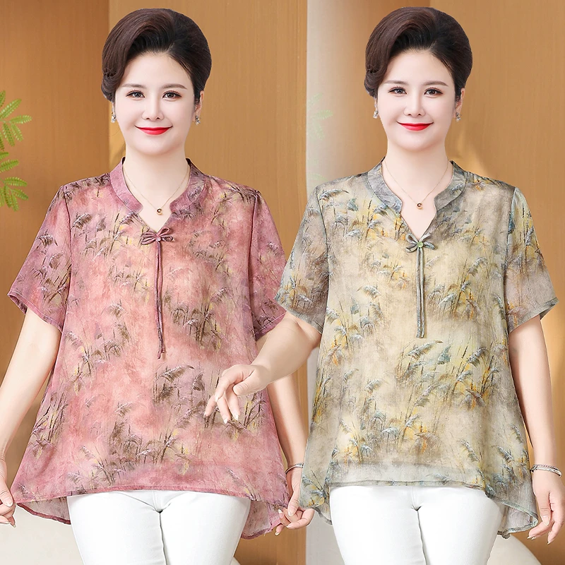 105-220斤薄款中老年女装清凉透气短袖t恤中年夏季职场新中式
