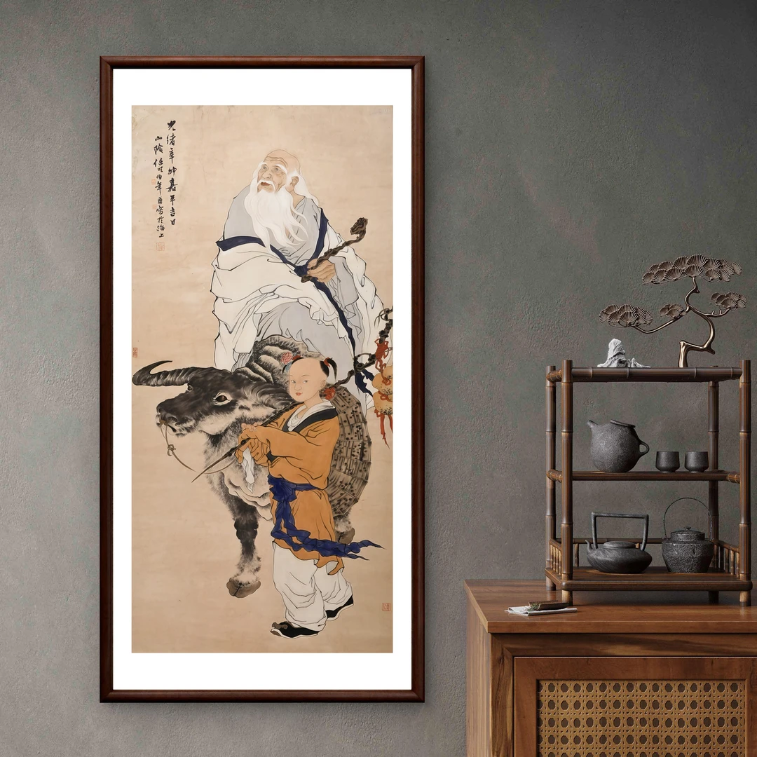 120-55*110老子骑牛图出关紫气东来古画玄关挂画风茶室走廊装饰画